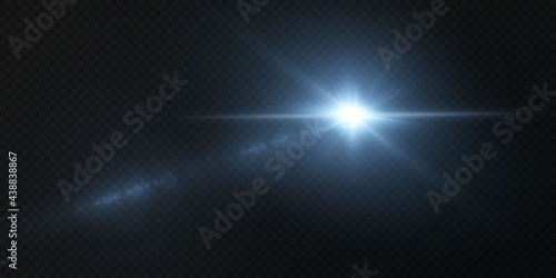 Package with blue horizontal highlights. Laser neon beams, horizontal light blue beams. Light star blue png. Light sun blue png. Light flash blue png. Blue or neon stars with flares in open space.