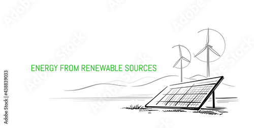 Wind turbines and solar panels sketch vector