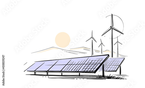 Wind turbines and solar panels sketch vector