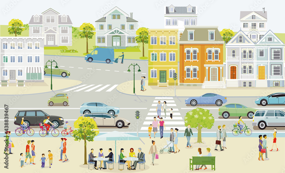 Kleine Stadt mit Häusern und Verkehr, Fußgänger im Vorort-– Illustration