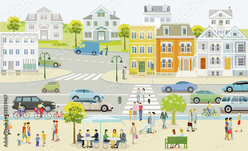 Kleine Stadt mit Häusern und Verkehr, Fußgänger im Vorort-– Illustration