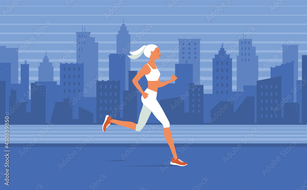 Slim woman jogging in the city in sportswear and training shoes. urban running. Vector illustration