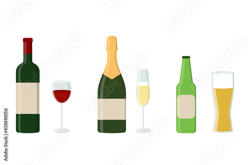 Alcohol drinks set. Wine, champagne and beer. Bottles and glasses collection