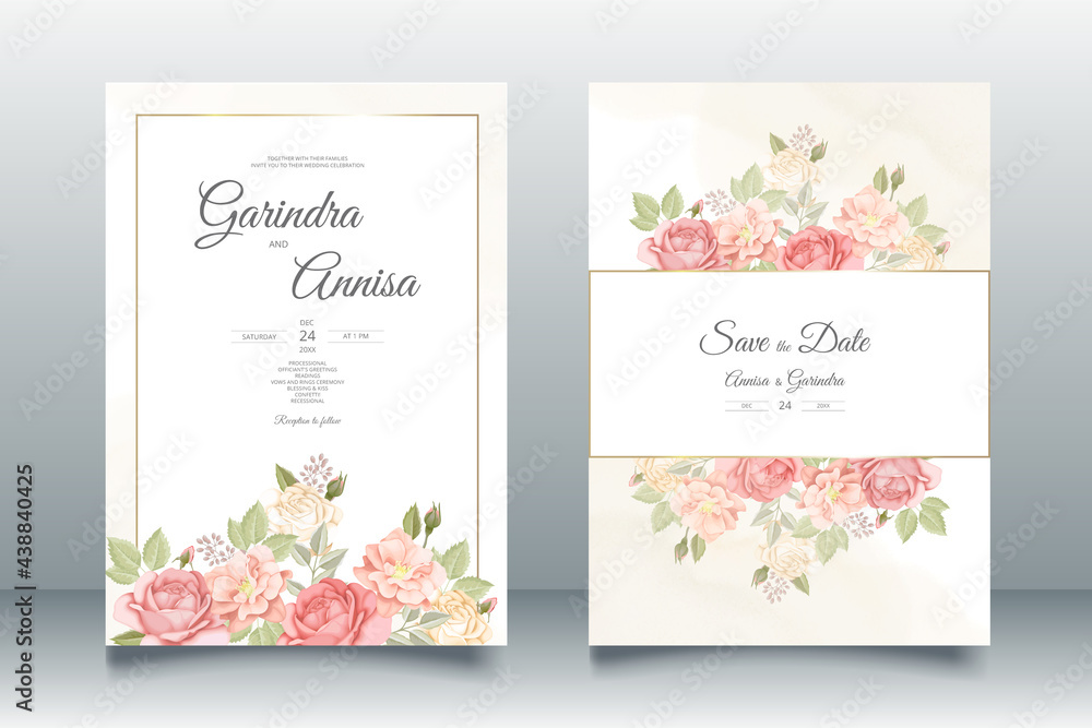  wedding invitation card template set with beautiful  floral leaves Premium Vector