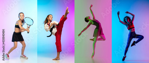 Fitness  ballet  taekwondo  tennis. Collage of different little sportsmen in action