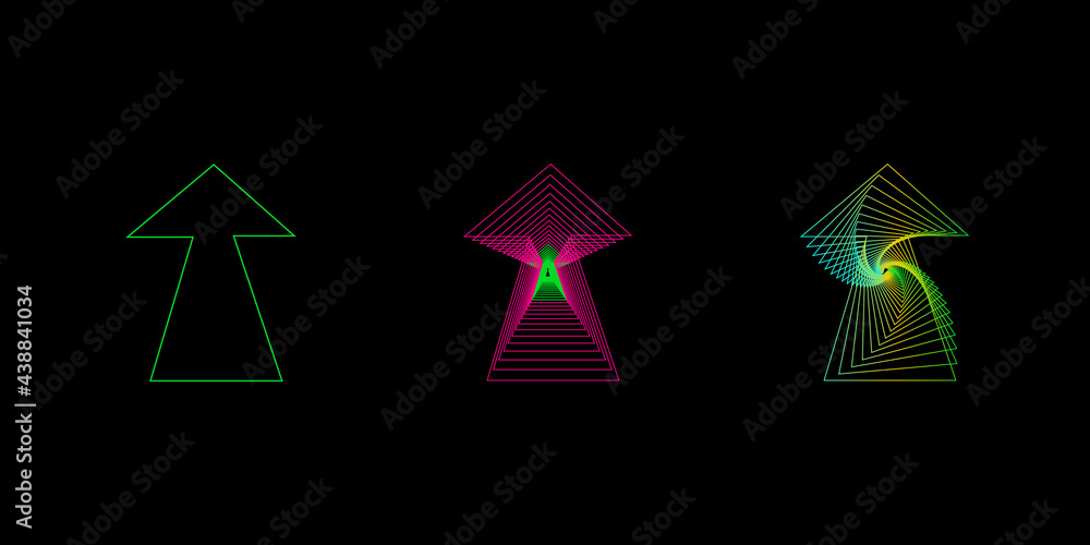 Linear Abstract geometric shapes of neon colors on black background. Glowing icon on dark background. Neon arrow. Vector illustration Linear Abstract geometric shapes of neon colors on black background. Glowing icon on dark background. Neon arrow. Vector illustration