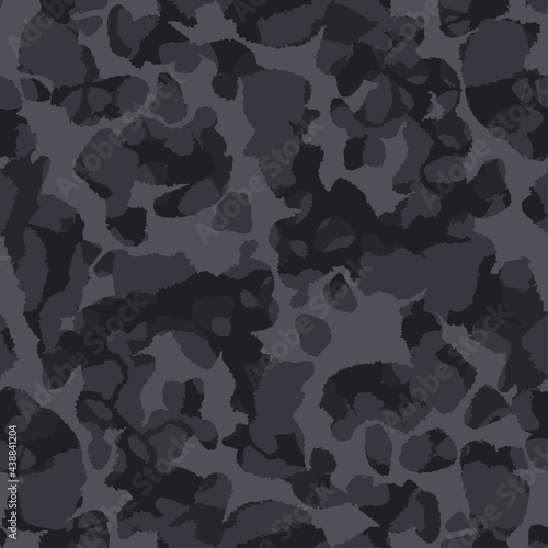 Black military background of soldier camouflaging, seamless pattern. Modern vector camo texture for army clothing.