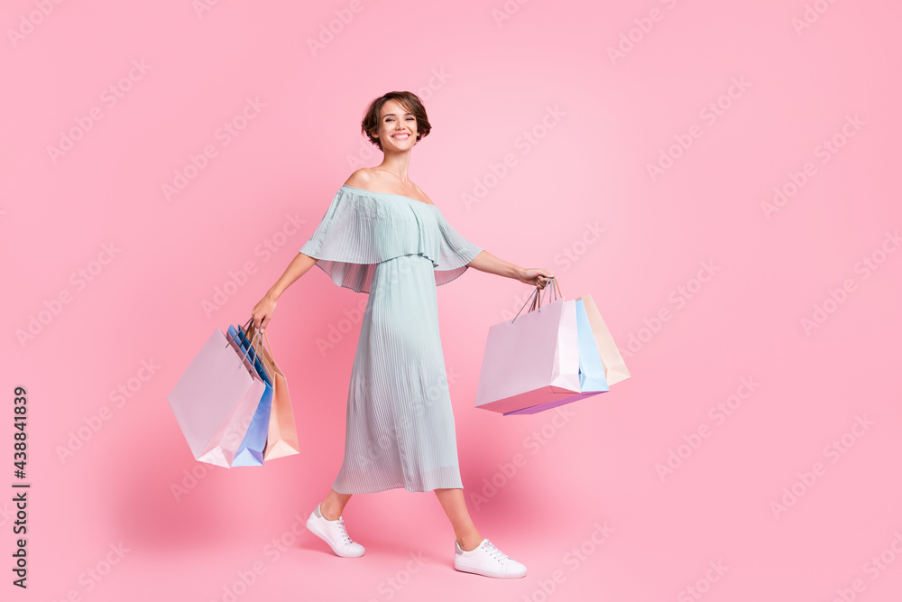 Full body profile side photo of young cheerful girl happy smile go walk hold shopping bags isolated over pastel color background Full body profile side photo of young cheerful girl happy smile go walk hold shopping bags isolated over pastel color background