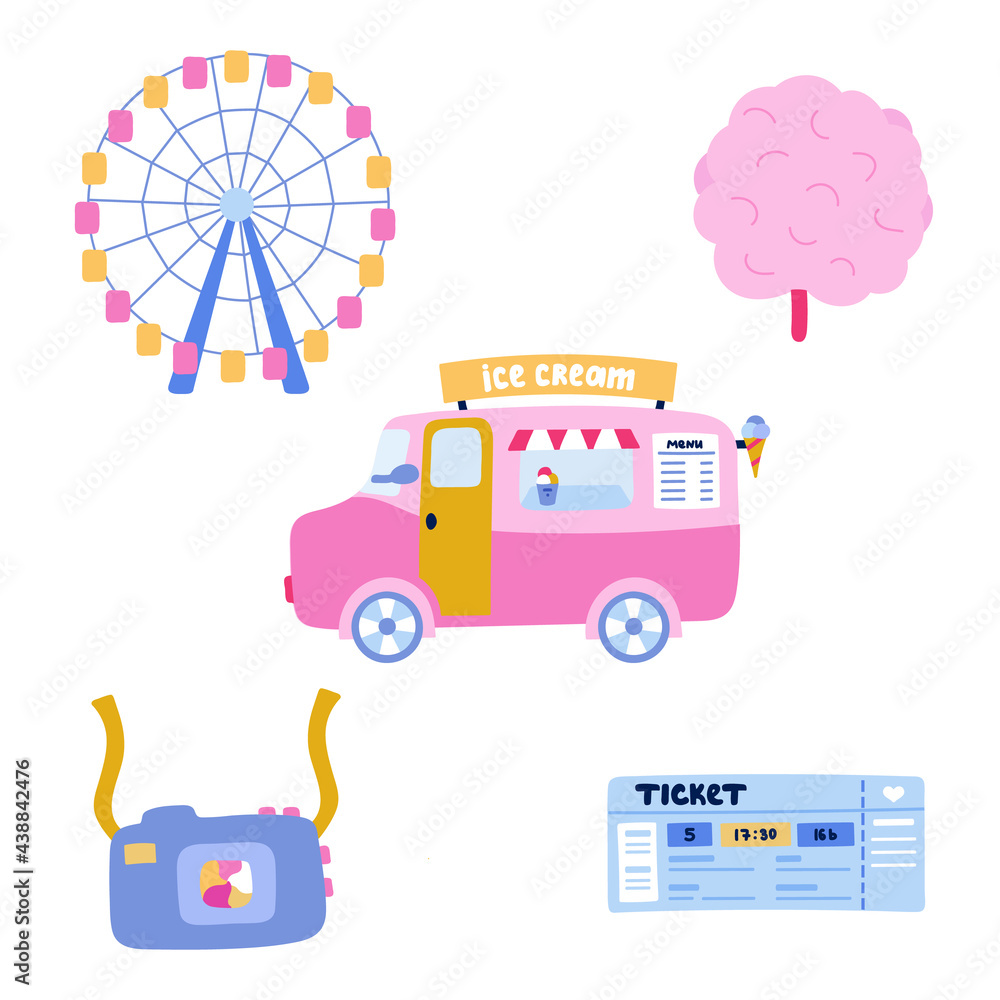 Cute, funny, colorful Icon set with amusement park at the carnival. Park with ferris wheel, ice cream van. Family vacation. Isolated on background. For sticker, scrapbook, fabric, social media, poster