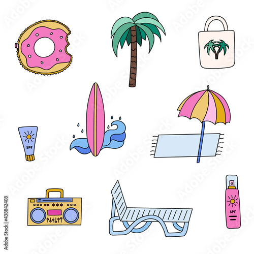 Cute and colorful summer icon set for beach party. Vacation at the sea, ocean, traveling, relaxing. Hand drawn vector illustrations with hand drawn outline isolated on background.