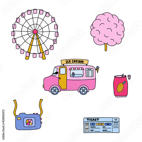 Cute, funny, colorful Icon set with amusement park at the carnival. Park with ferris wheel, ice cream van. Family vacation. Stylized illustration with hand drawn outline isolated on background.