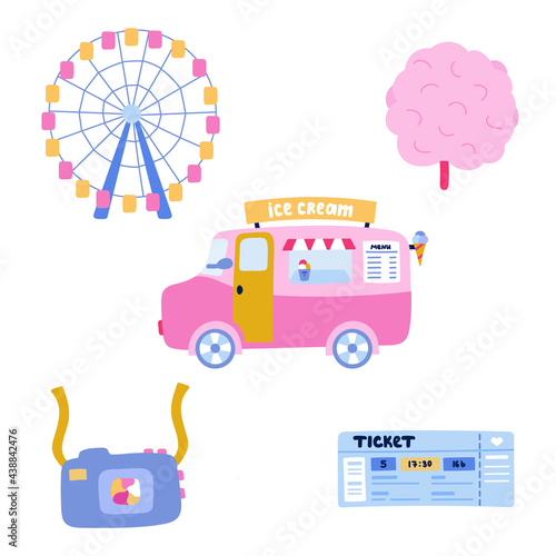 Cute, funny, colorful Icon set with amusement park at the carnival. Park with ferris wheel, ice cream van. Family vacation. Isolated on background. For sticker, scrapbook, fabric, social media, poster