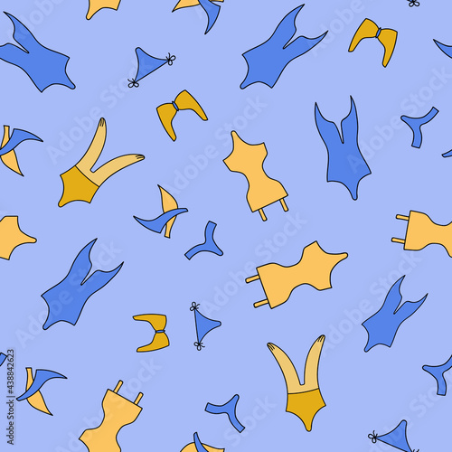Cute and colorful vector seamless hand drawn pattern with women swimwear in blue, yellow colors. Can be used for wrapping paper, bedclothes, notebook, packages, gift paper, fabric, textile, planners.