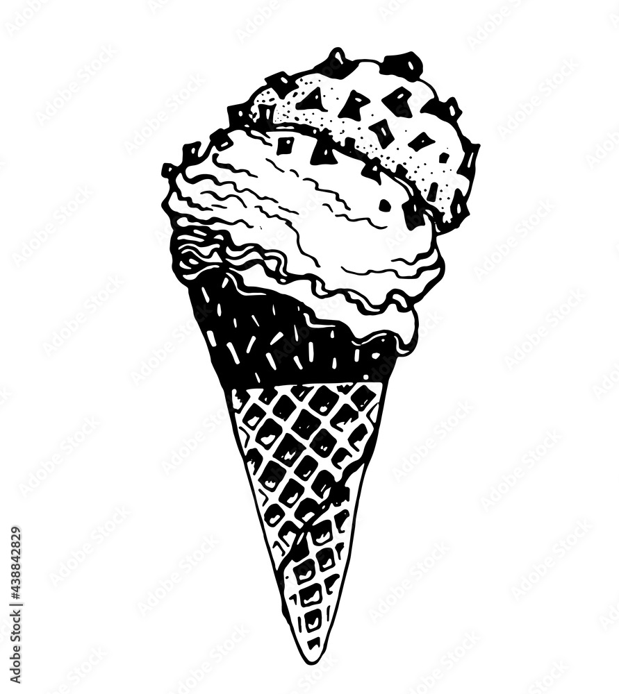 ice cream in a waffle cone with nuts. Vector image on transparent background, drawn by a pen ice cream in a waffle cone with nuts. Vector image on transparent background, drawn by a pen