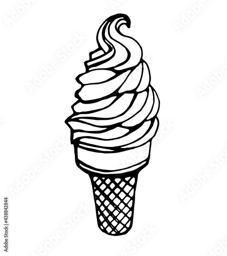 ice cream in a waffle cone. Vector image on transparent background, drawn by a pen