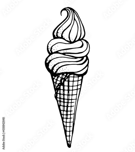 ice cream in a waffle cone. Vector image on transparent background, drawn by a pen