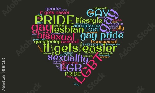 Colorful word cloud in the shape of a heart, concept for LGB Pride Month, alternative lifestyle, acceptance, background, wallpaper graphic photo