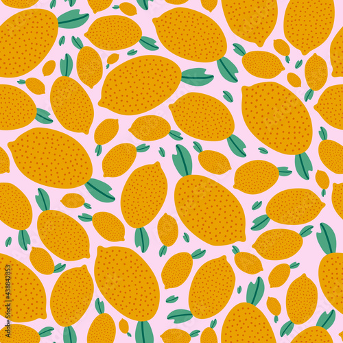 Cute and colorful vector seamless hand drawn pattern with bright and juicy lemon in pink, yellow colors. Can be used for, wrapping paper, bedclothes, notebook, packages, gift paper, clothes, textile.