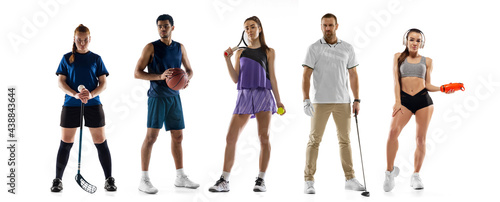 Sport collage. Tennis, basketball, hockey, fitness, golf players posing isolated on white studio background.