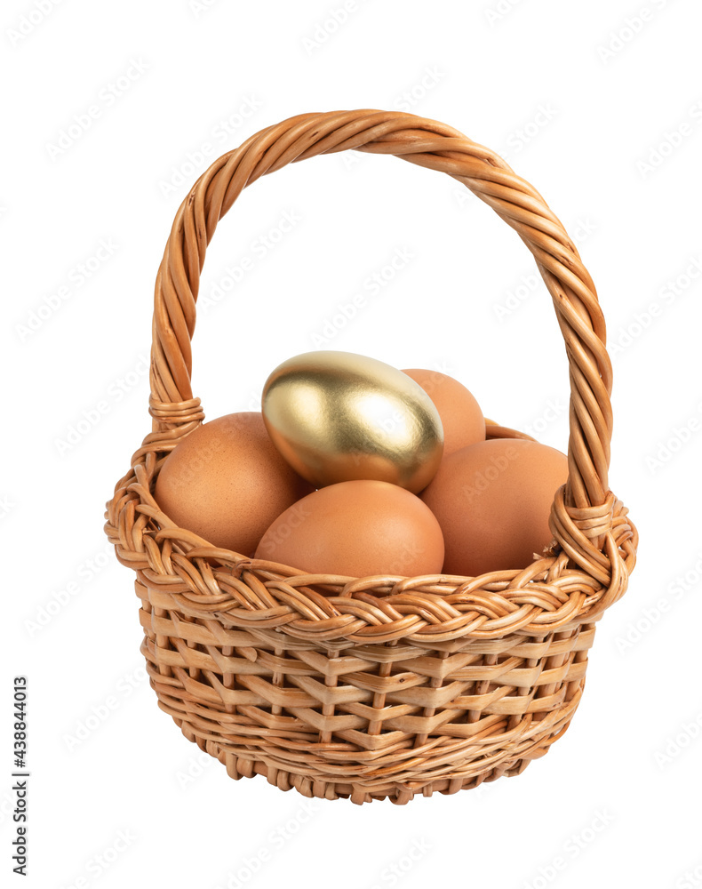 eggs with one golden egg in wicker basket isolated on white eggs with one golden egg in wicker basket isolated on white