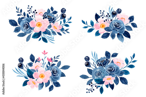 Pink blue floral arrangement collection with watercolor