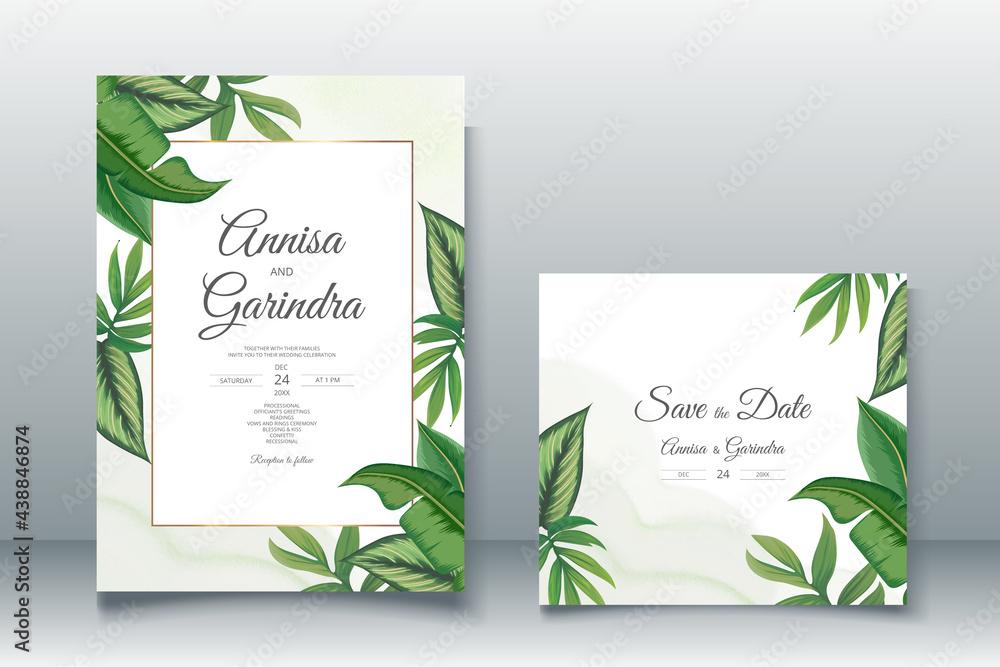  beautiful  leaves wedding invitation card template Premium Vector