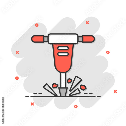 Jackhammer icon in comic style. Demolish package vector illustration on white isolated background. Destroy splash effect business concept.