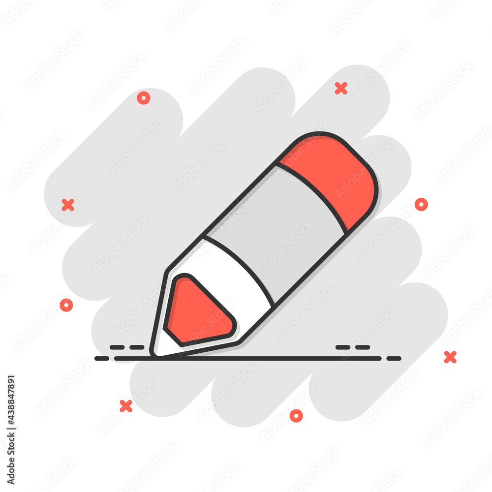 Pencil icon in comic style. Pen cartoon vector illustration on white isolated background. Drawing splash effect business concept. Pencil icon in comic style. Pen cartoon vector illustration on white isolated background. Drawing splash effect business concept.