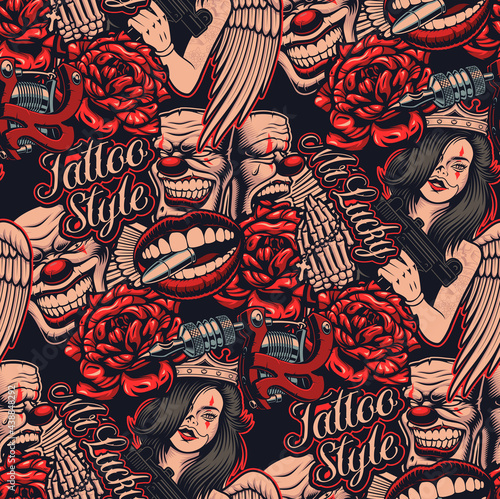Colour pattern on tattoo theme with mask, tattoo machine, and other elements tattoo. Ideal for printing for fabric, wall decoration, and many other uses
