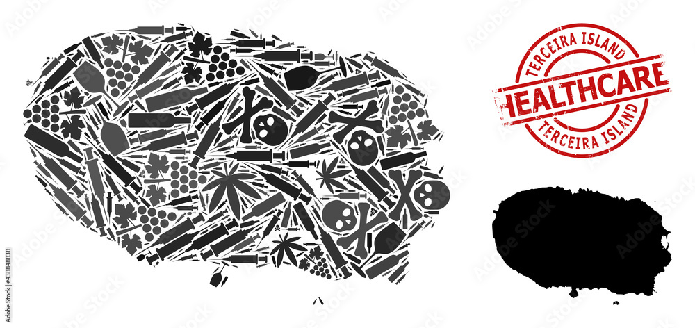 Vector narcotic composition map of Terceira Island. Grunge health care round red badge. Template for narcotic addiction and health care applications. Vector narcotic composition map of Terceira Island. Grunge health care round red badge. Template for narcotic addiction and health care applications.