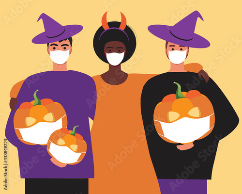 Halloween party, people in medical masks, Flat vector stock illustration with Covid lockdown and Halloween night celebration in medical masks