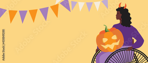 Disabled person for halloween, copy space template, flat vector stock illustration with halloween pumpkin face and inclusive party for the disabled