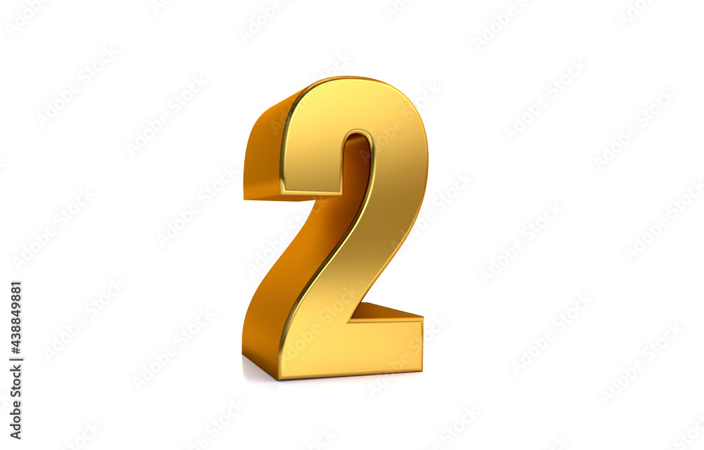 Two, 3d illustration golden number 2 on white background and copy space on right hand side for text, Best for anniversary, birthday, new year celebration. Two, 3d illustration golden number 2 on white background and copy space on right hand side for text, Best for anniversary, birthday, new year celebration.