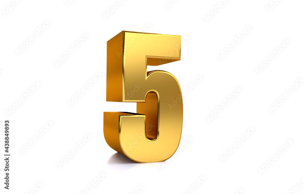 Five, 3d illustration golden number 5 on white background and copy space on right hand side for text, Best for anniversary, birthday, new year celebration. Five, 3d illustration golden number 5 on white background and copy space on right hand side for text, Best for anniversary, birthday, new year celebration.
