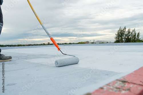 Hand painted gray flooring with paint rollers for waterproof, reinforcing net,Repairing waterproofing deck flooring.	 photo