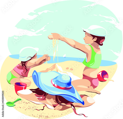 A tired woman lies on the sand. A boy and a girl sprinkle sand on their mother. Children bury their sleeping mother in the sand. Summer time on the beach. Space for the text at the top.