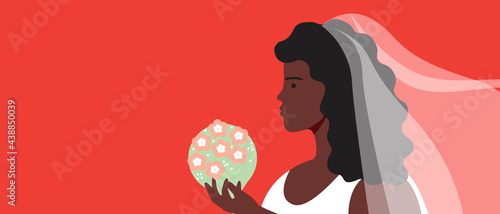African bride at the wedding, copy space template, flat vector stock illustration with beautiful woman with black skin in wedding dress