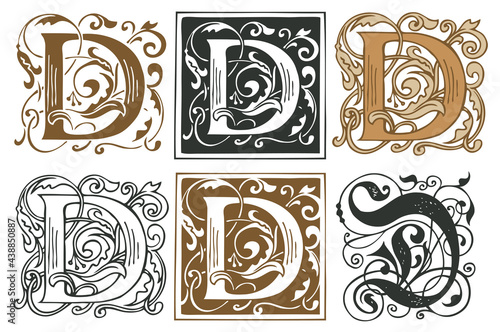 Initial letters D with vintage baroque ornamentations. Vector uppercase letters D with floral decorations. Beautiful filigree capital letter to use for monogram, logo, emblem, card, invitation, label