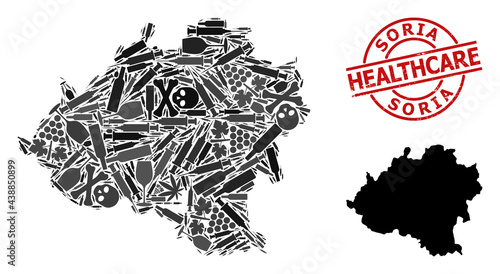 Vector addiction collage map of Soria Province. Rubber healthcare round red rubber imitation. Template for narcotic addiction and healthcare proclamations.