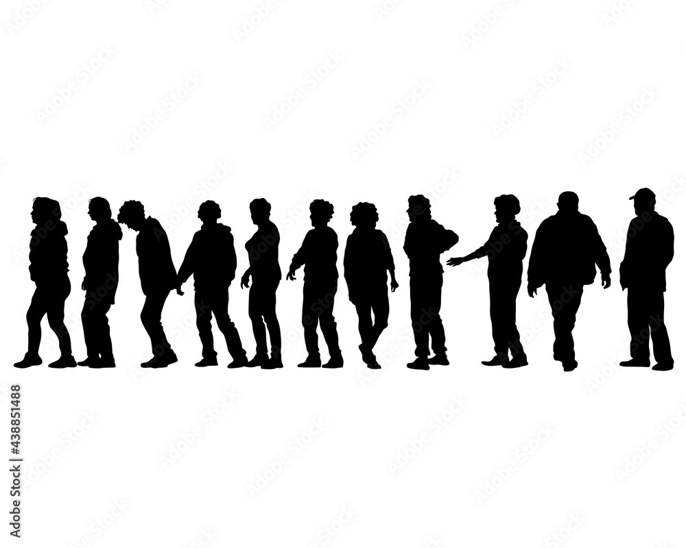 Big crowds people on street. Isolated silhouette on a white background