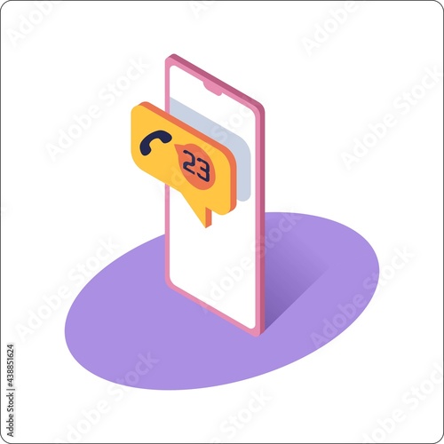 Missed call notification. Phone mockup and miss call notification. 3d isometric vector illustration.