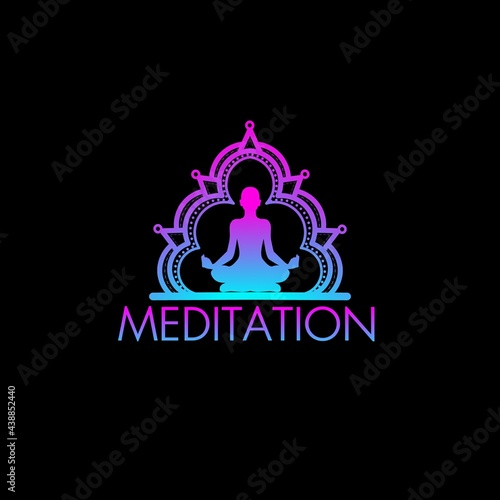 Silhouette of woman posing for yoga poses with flower decoration. Ilustration yoga design logo. 