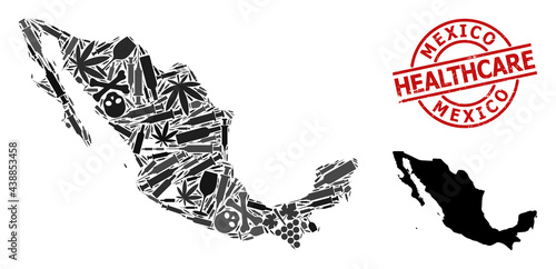 Vector drugs collage map of Mexico. Scratched health care round red watermark. Concept for narcotic addiction and health care doctrines. Map of Mexico is organized with inoculation needles, mortal,