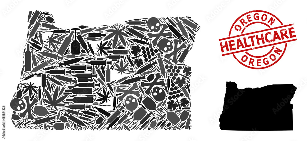 Vector addiction collage map of Oregon State. Grunge health care round ...