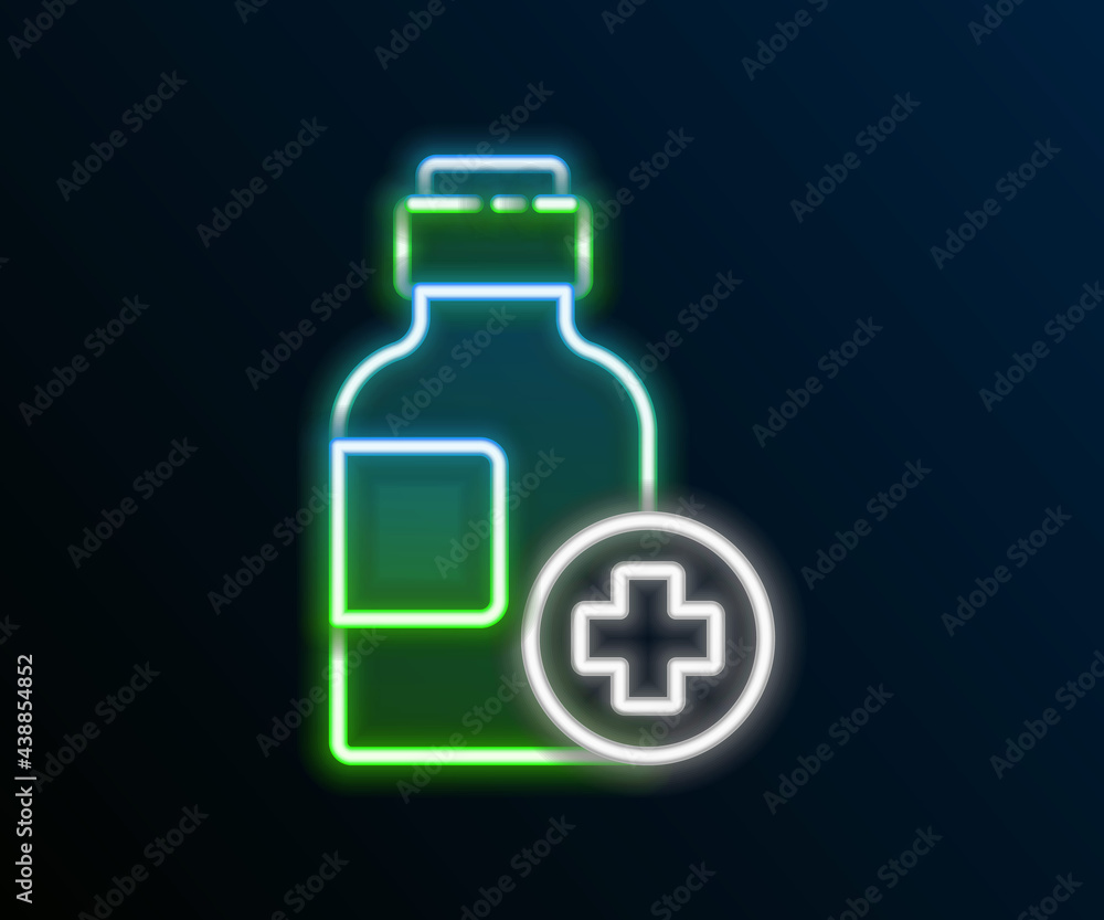 Glowing neon line Bottle of medicine syrup icon isolated on black background. Colorful outline concept. Vector Glowing neon line Bottle of medicine syrup icon isolated on black background. Colorful outline concept. Vector