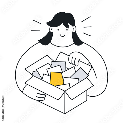 Finding something important into the heap. The key element, the main feature of the product, the right idea, market fit. Cute girl holding the box with cards inside, one of them is bright. Thin line