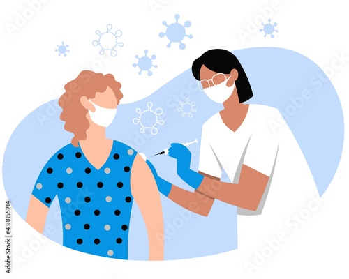 The doctor or nurse injects the vaccine into the patient's arm muscle. A young woman is vaccinated against coronavirus. Immunization against Covid-19. Flat image isolated on white background. 