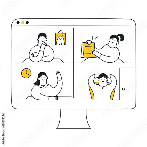 Online video meeting call, remote communication on isolation, distant work via a web camera. Different teammates talking via conference video call. Thin line cartoon vector illustration on white.