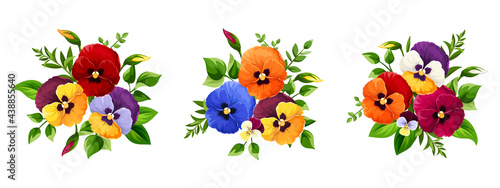 Set of vector bouquets of colorful pansy flowers isolated on a white background.