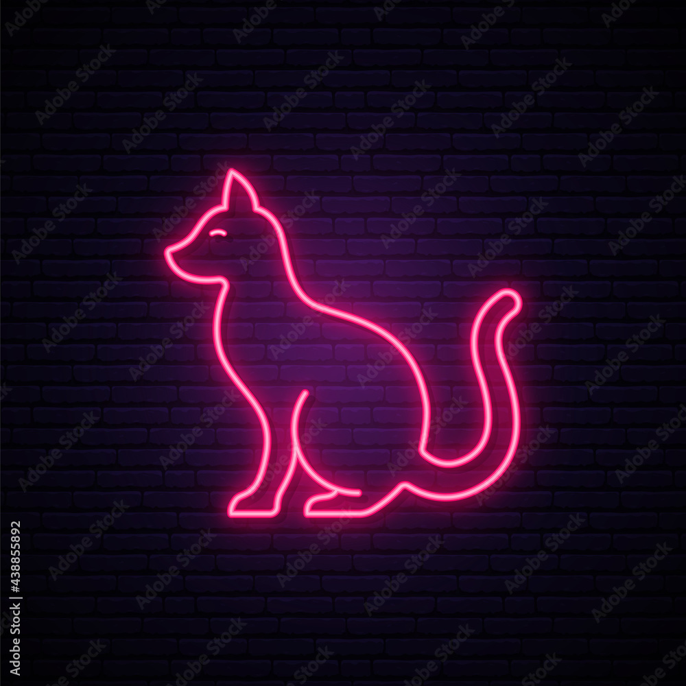 Pink cat neon sign. Night bright neon emblem. Glowing pink cat icon. Vector illustration in neon style. Pink cat neon sign. Night bright neon emblem. Glowing pink cat icon. Vector illustration in neon style.